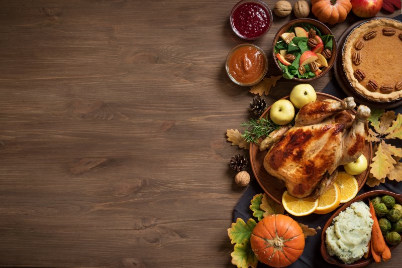 An overhead shot of a thanksgiving dinner