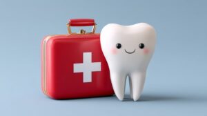 Tooth pictured beside red doctor's kit with white cross. 